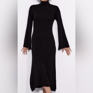 Zara Ribbed Mock Neck Bell Sleeve Midi Dress in Black Size Small